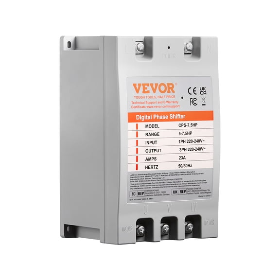 VEVOR 3Phase Converter- 7.5HP 23A 220V Single Phase to 3 Phase Converter, Digital Phase Shifter for Residential & Light Commercial Use,220V-240V Input/Output (One DPS Must Be Used on One Motor Only)