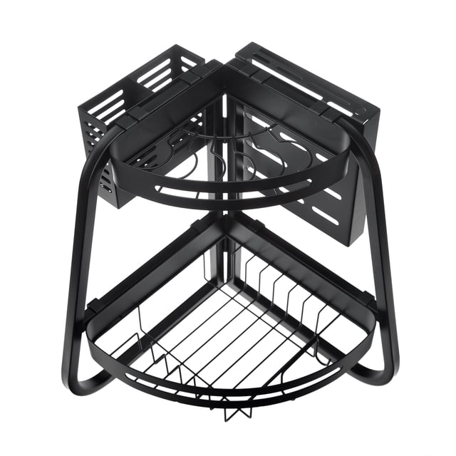 Graflsoa Foldable 2-Tier Corner Dish Rack with Detachable Holders, Utility Hooks, and Space-Saving Design for Kitchen, Pantry, or Bathroom - Durable Carbon Steel Construction