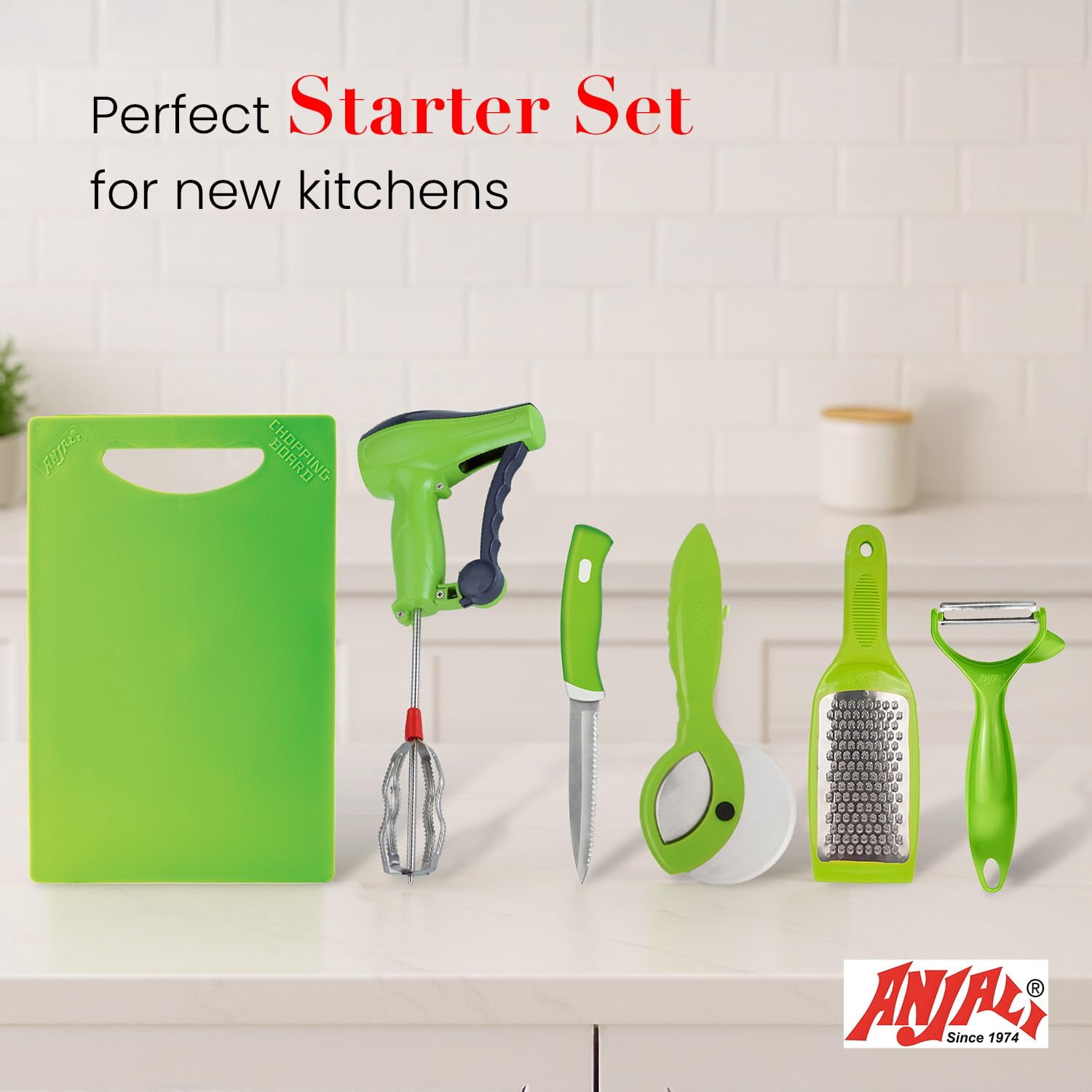 Anjali All-in-One Kitchen Tool Set – 6-Piece Food Prep Kit with Knife, Board, Grater, Peeler, Pizza Cutter & Blender