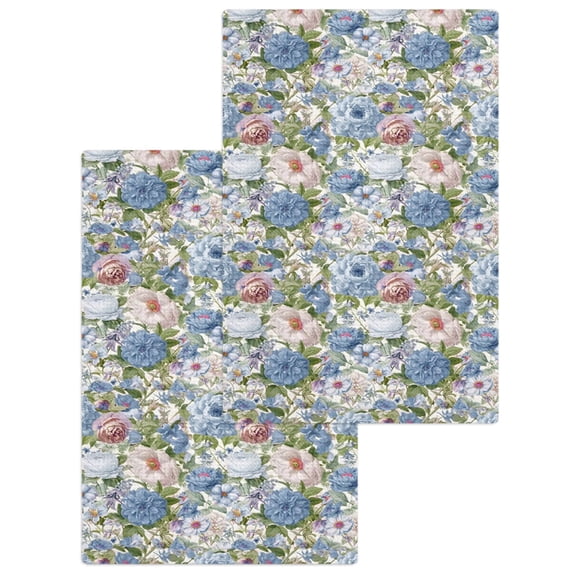 Blue Pink Spring Floral Kitchen Dish Towels for Drying Dishes Set of 2, Vintage Summer Botanical Waffle Weave Microfiber Hand Tea Bathroom Towels Quick Dry & Absorbent Towel 15.7x23.6