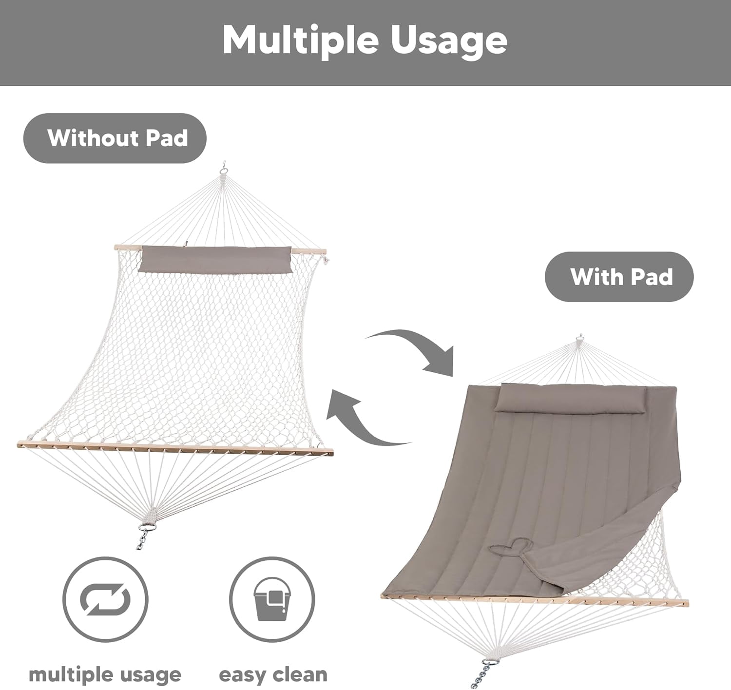 SUNCREAT Hammocks 2 Person Hammock with Hardwood Spreader Bar, Double Rope Hammock with Polyester Pad, Brown