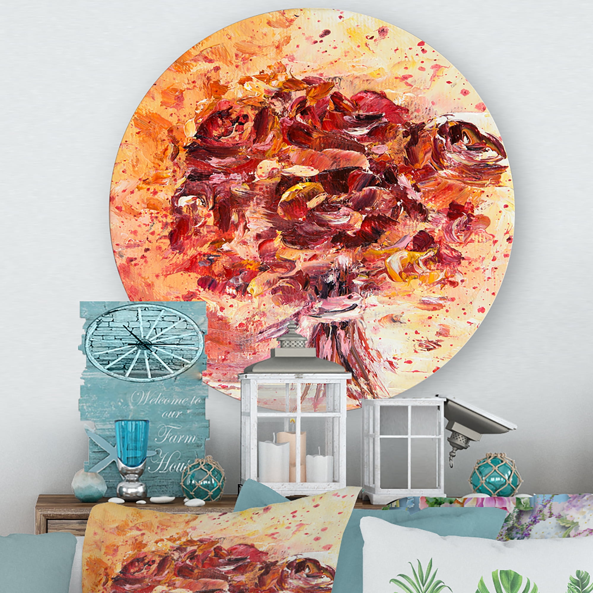 Designart 'Ancient Red Fresh Flowers Bouquet' Traditional Circle Metal Wall Art 23x23 - Disc of 23