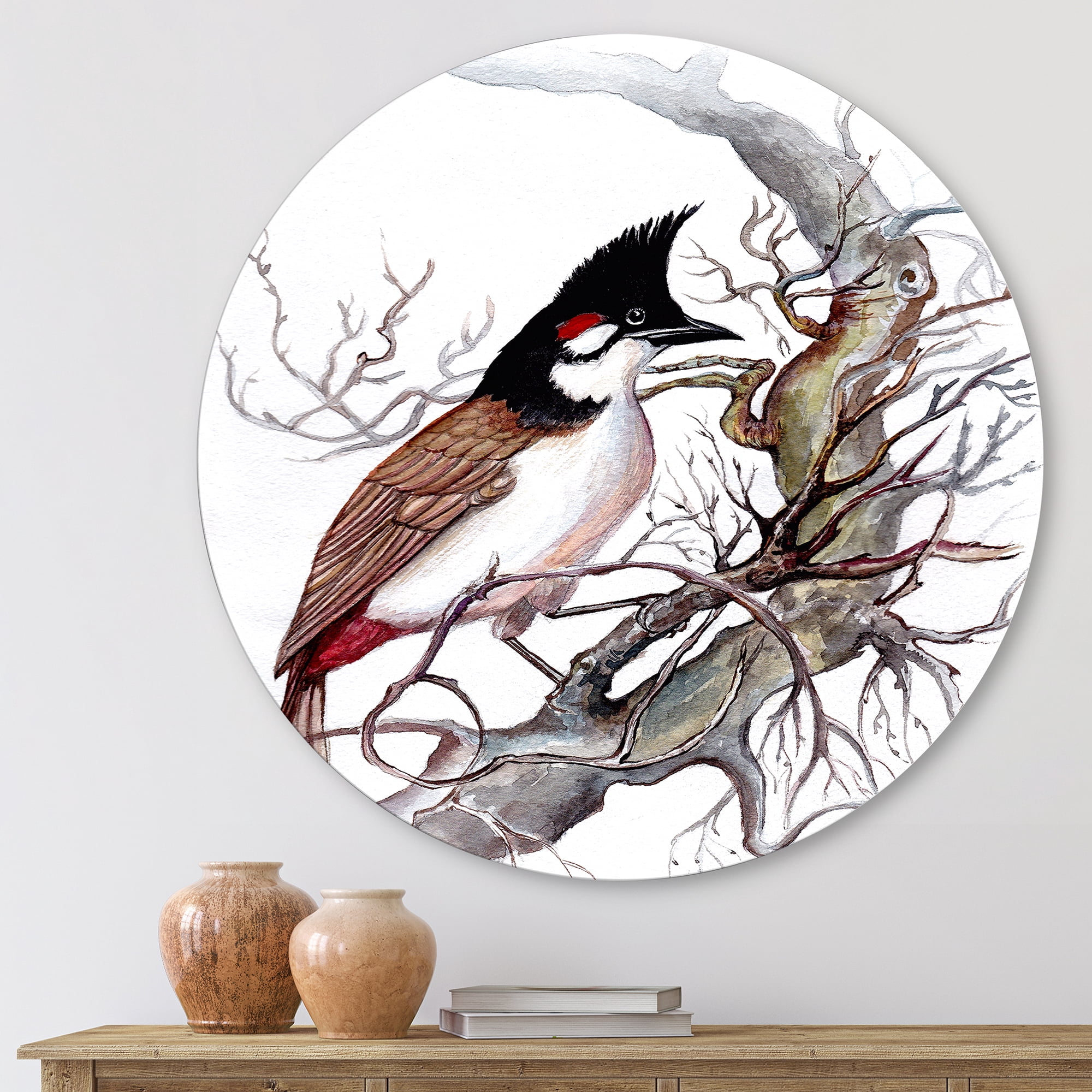 Designart 'Ancient Beautiful Bird On A Branch' Traditional Circle Metal Wall Art 23x23 - Disc of 23