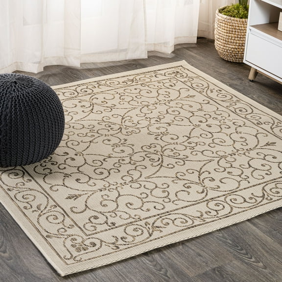 JONATHAN Y SANTA MONICA 8' Square Area Rug, Charleston Vintage Filigree Textured Weave - Beige/Brown, SMB106A-8SQ