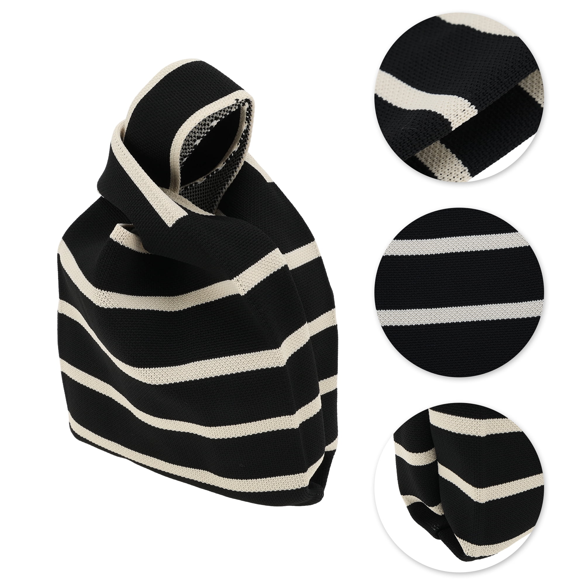 Unique Bargains Stylish Horizontal Stripes Knitted Wrist Bag for Everyday Use Black