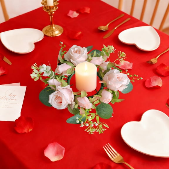 Anhility Valentine's Day Candle Rings Wreaths Rose Candle Rings Garland Artificial Flowers Wedding Table Centerpiece Decoration for Party Supplies Home Table Valentine, 7.8"