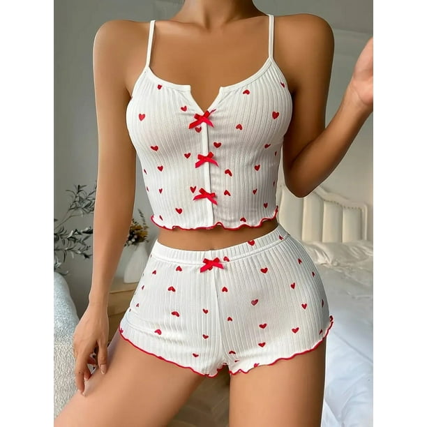 Sleepwear Women Pajamas Set Heart Print Soft Ribbed Fabric with