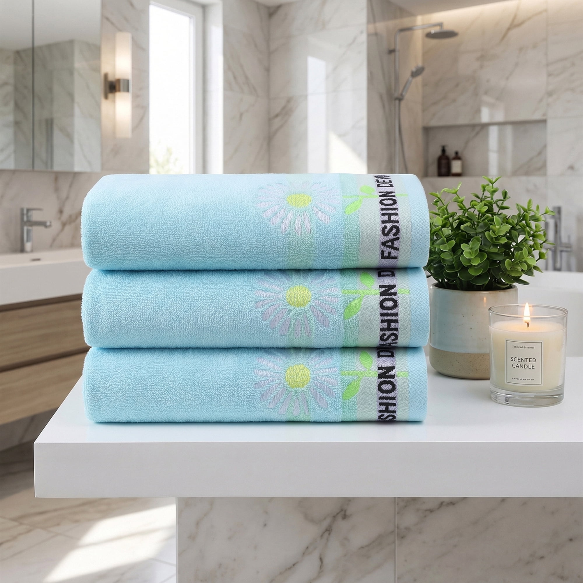 Unique Bargains 29" x 13" Floral Decorative Absorbent Hand Towels Blue 2pk