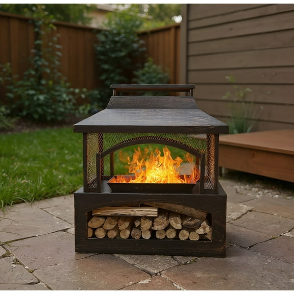 Resenkos Rectangular Metal Outdoor Wood Burning Fireplace - Outdoor Fireplace with Built-in Log Storage and Poker-Brushed Bronze, Bronze