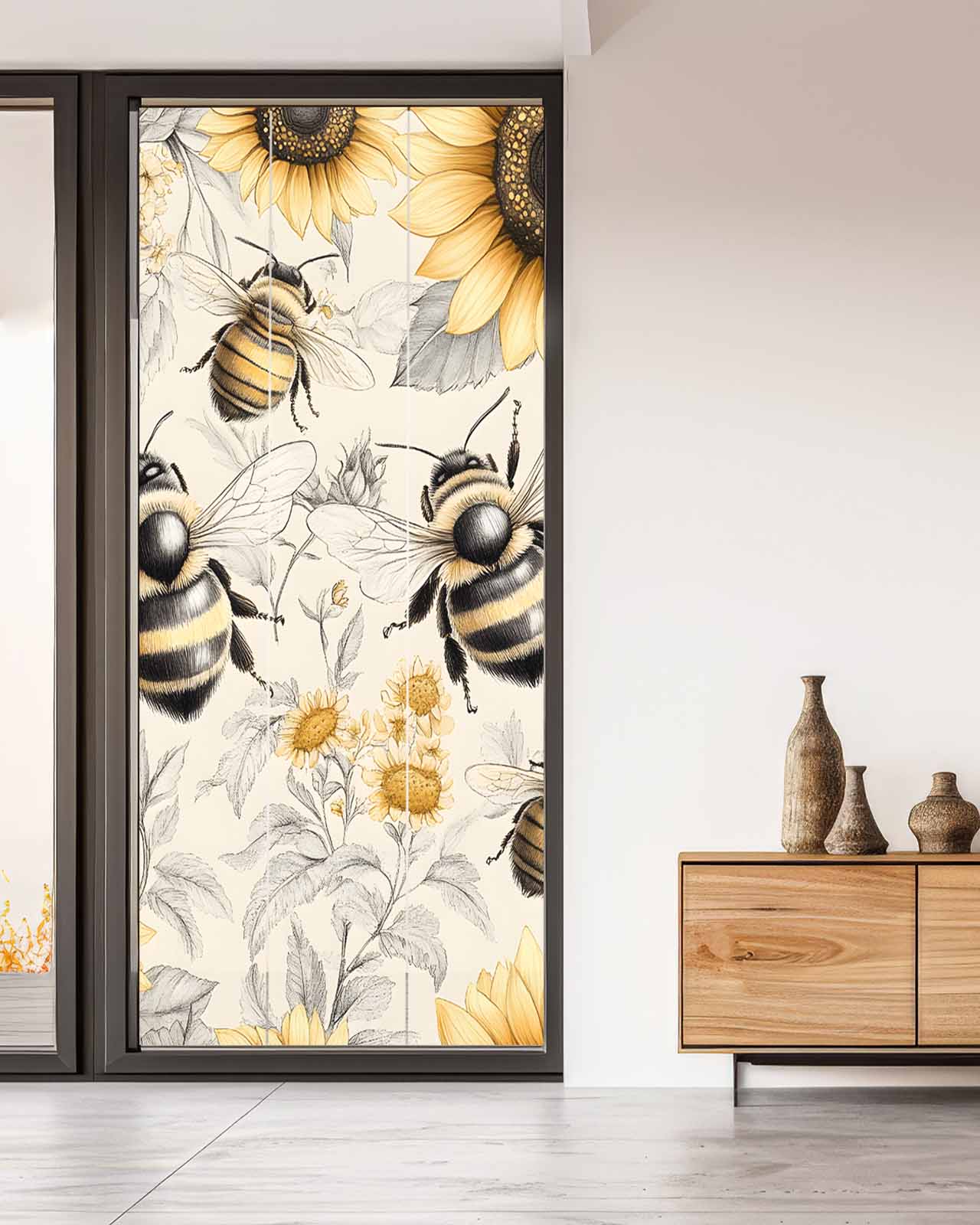 Window Privacy Film Sunflowers Stained Glass Window Film Decorative Sun Block Window Cover Spring Farm Bees Garden Vintage Window Clings Static Adhesive Sticker for Bathroom 35.4"x78.7"