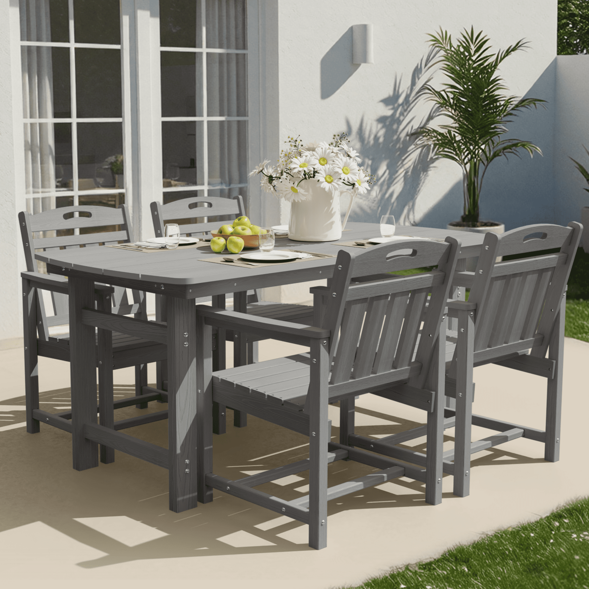 Harbweb 6-Person Weather Resistant Patio Dining Table with Umbrella Hole, Gray