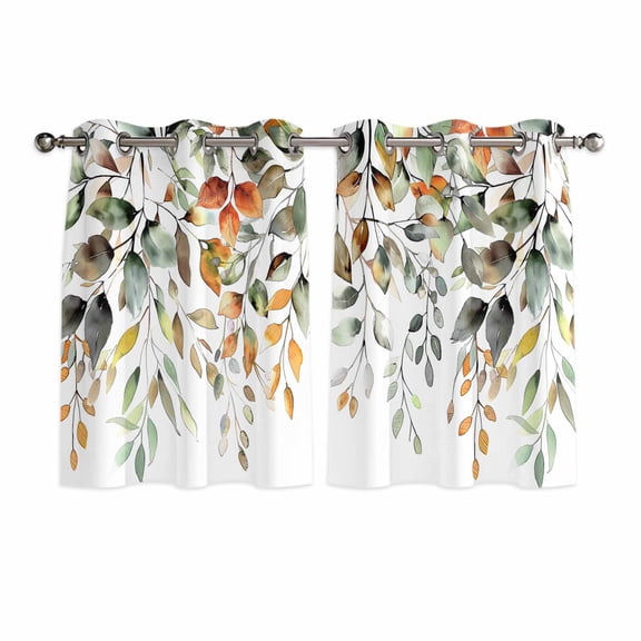 Orange Green Eucalyptus Leaves Kitchen Curtains Short 54 Inch Length, Fall Botanical Watercolor Grommet Top Bedroom Living Room Curtains, Light Filtering Cafe Curtain Drapes 2 Panels Set 84''x54''