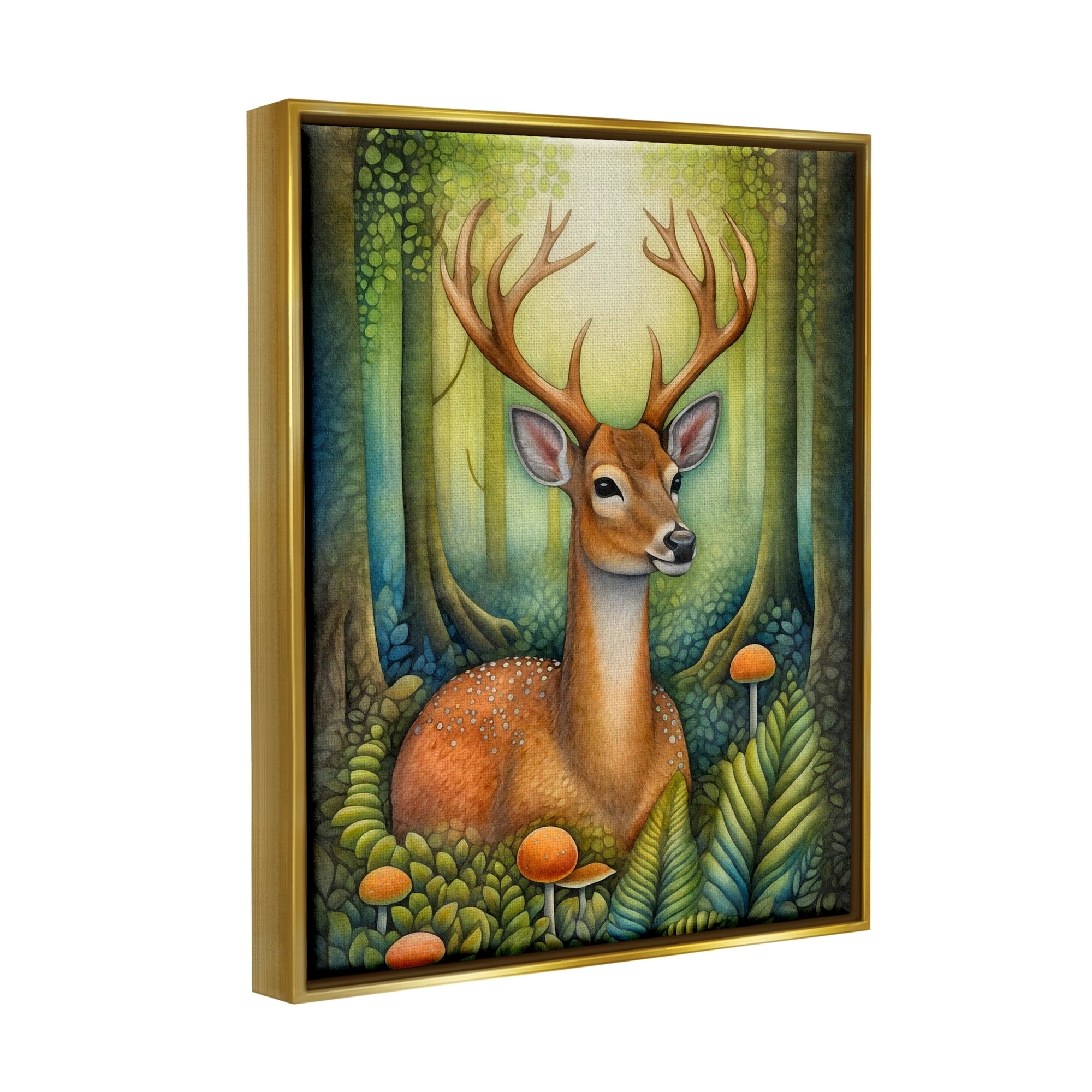 Stupell Industries Deer with Nature Mushrooms Animals & Insects Painting Gold Floater Framed Canvas Art Print Wall Art, 25 x 31