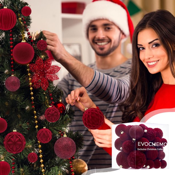 Set de adornos para árboles de Navidad 36 piezas Decoraciones de bolas flocadas Acabado rojo verde ante | Formas variadas para la decoración de casas navideñas | Accesorios fáciles de cuelgar para