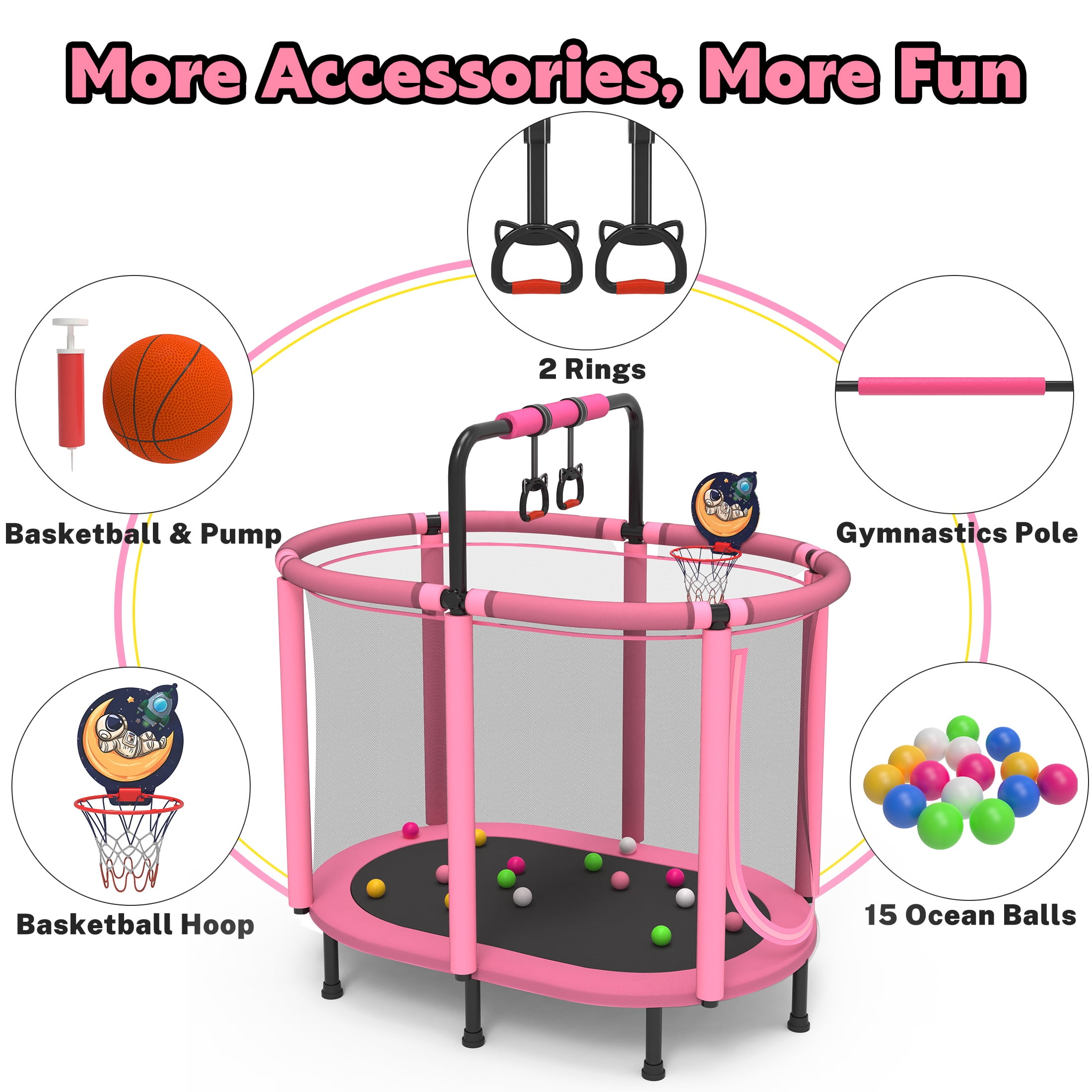 60" Toddler Trampoline with Enclosure Net, Kids Trampoline with Basketball Hoop, SHINPT Indoor Trampoline for Kids, Small Trampoline with Ocean Balls, Mini Trampoline with Rings, Gift for Boys Girls