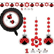 Creative Converting Ladybug Fancy Party Supplies Pack Including Hanging Cutouts, Ribbon Banner, and Metallic Balloon