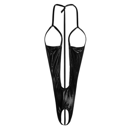 TTAO Womens Shiny Metallic Leather Sling Shot Mini Bikini Thongs Leotard One Piece Bodysuit Swimwear Black Free Size