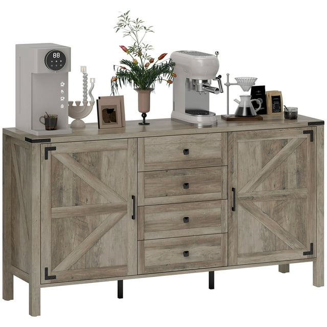 HOMCOM 59" Farmhouse Sideboard Buffet Cabinet with 2 Barn Doors, Grey