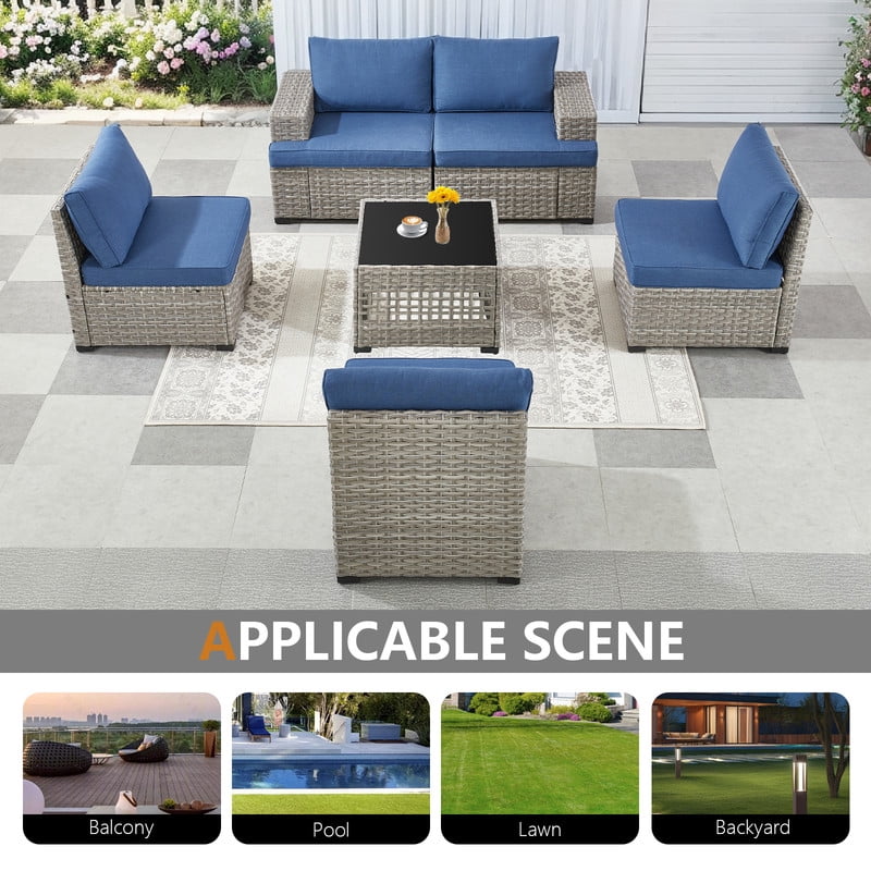 PARKWELL 6 Pieces Patio Furniture Sets,Outdoor Modular Furniture Sectional Sofa Set with Coffee Table,All-Weather Rattan Wicker Conversation Set for Backyard Deck,Taupe/Navy