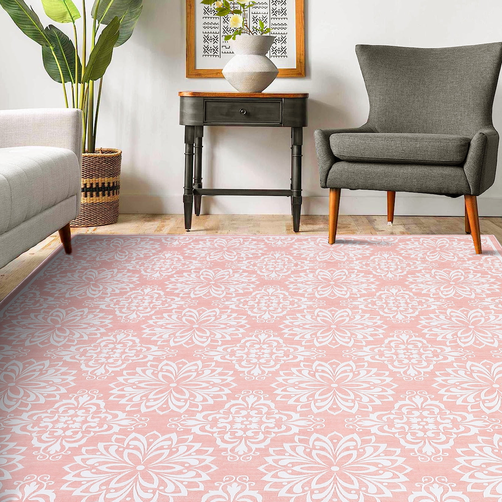 Tzou Vintage Washable Area Rugs for Living Room, 6x9 Low Pile Indoor Floral Carpet for Bedroom, Super Soft Foldale Distressed Accent Floor Mat for Dining Room, Non Shedding(Pink)