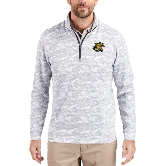 Men's-Cutter & Buck  Gray Wichita State Shockers Traverse Stretch Eco Camo DryTec Tri-Blend Quarter-Zip Pullover