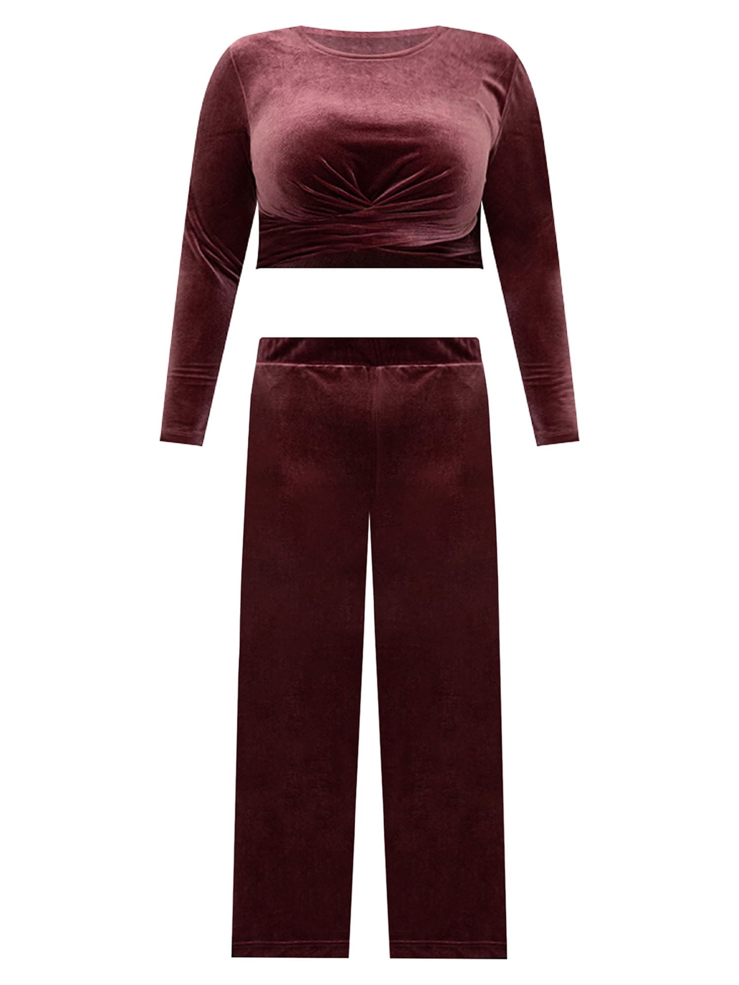 ELOQUII Elements Women's Plus Size Velvet Wide Leg Pants and Wrap Front Crop Top Set, 2-Piece