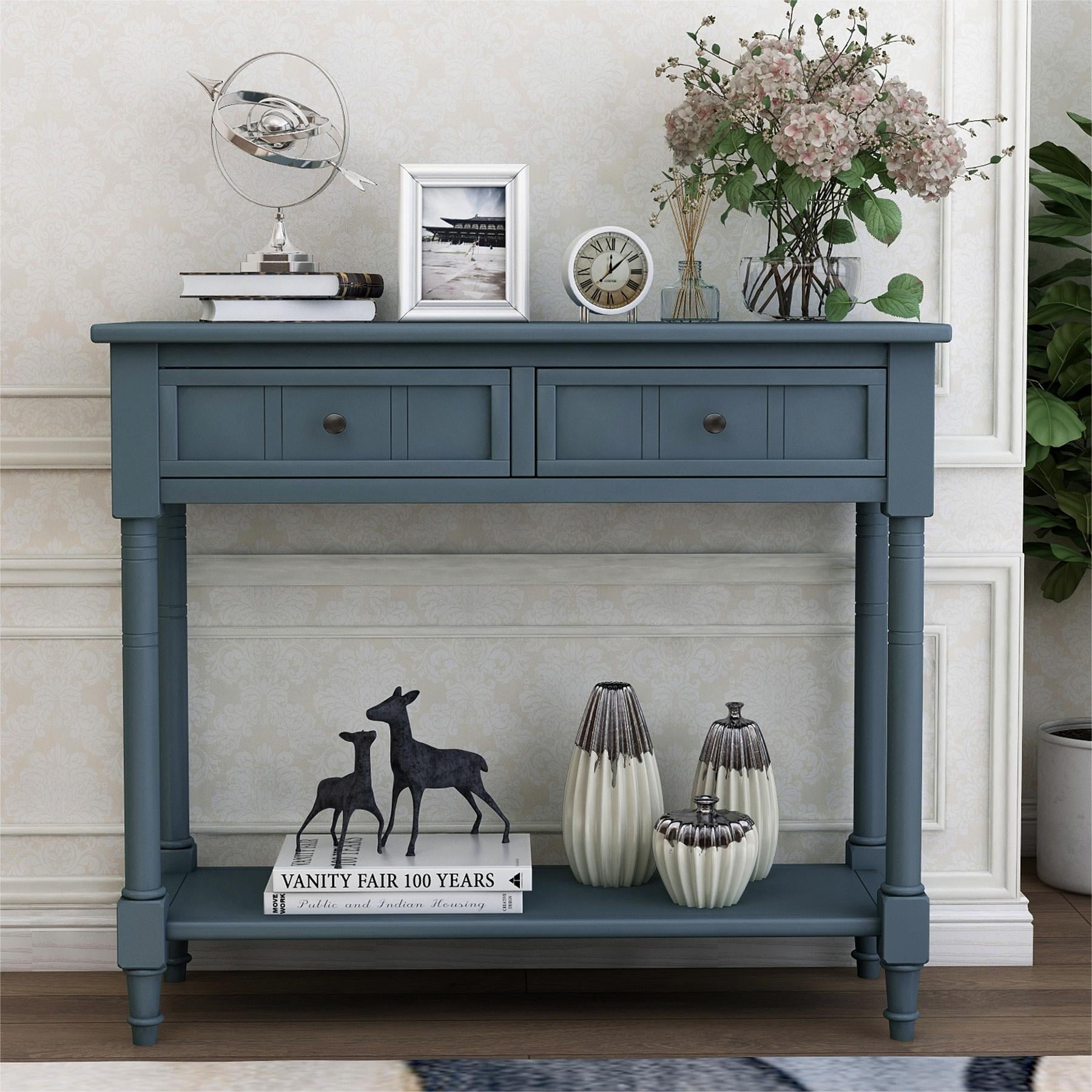 Wooden Console Table with 2 Drawers and Storage Shelf, Sofa Table Entryway Table Side Desk TV Stand for Living Room Hallway,Navy