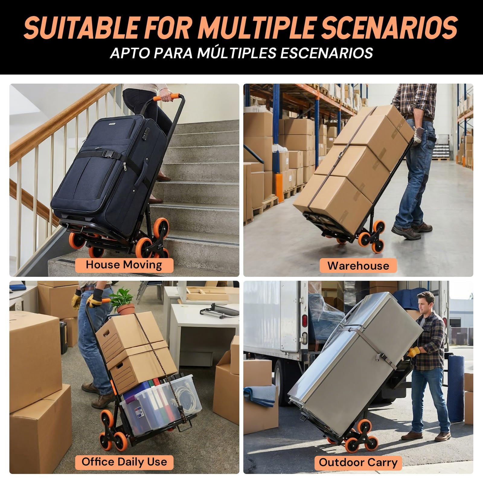 SEKAM Stair Climbing Cart, 440 lbs Capacity Folding Hand Truck with 10 Wheels, Heavy Duty Steel Dolly for Moving & Warehouse, Orange