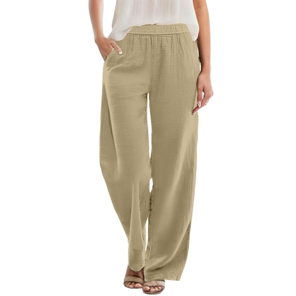 TRUBKH Womens Linen Pants Pinstripe Pants Palazzo Pants Elastic Waist Summer Pants for Women Elastic Smock Waist Baggy Tapered Pants Women Casual Pants for Women Pull On Pants Beige L