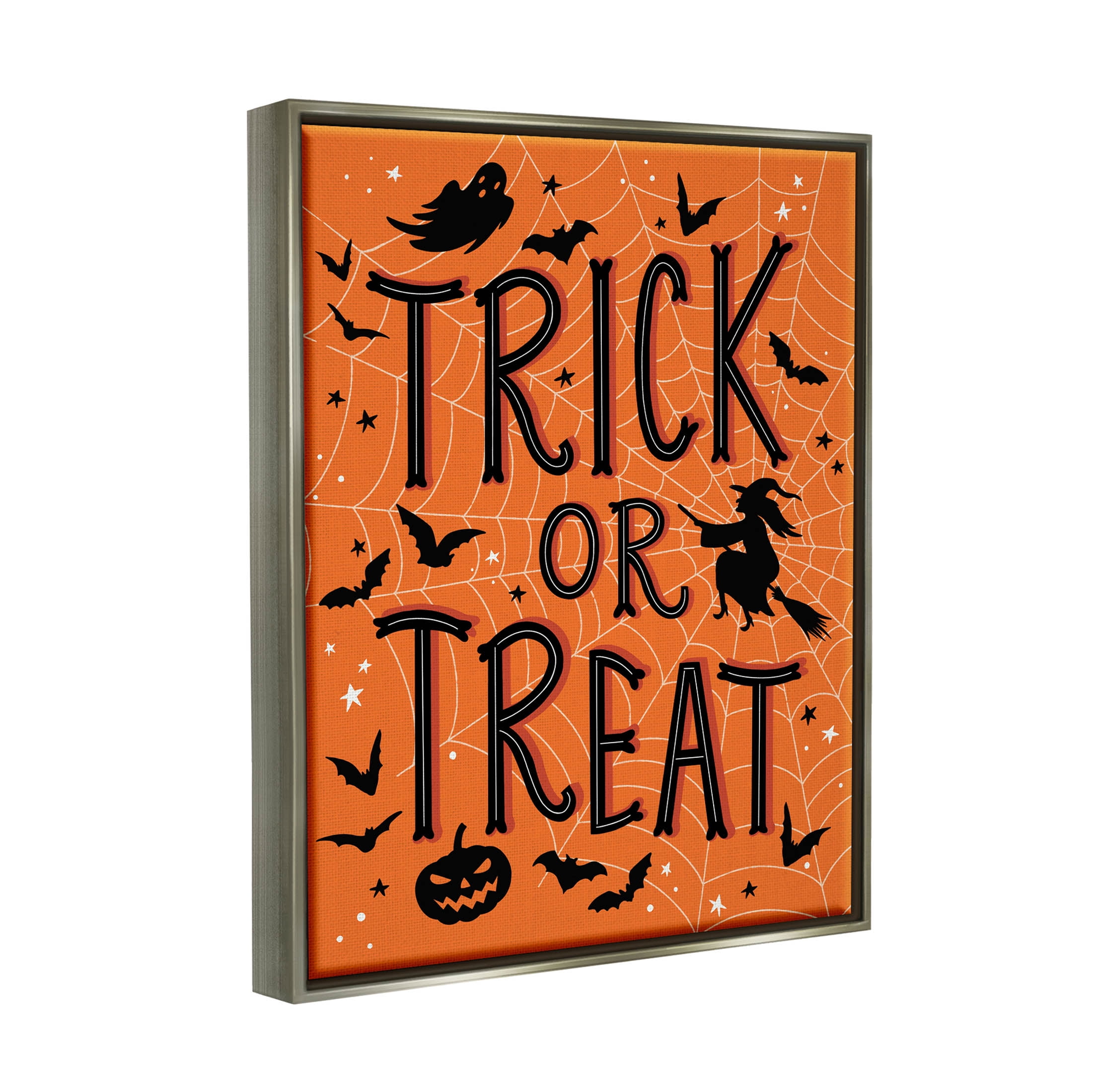 Stupell Industries Trick Or Treat Spider Web Graphic Art Luster Gray Floating Framed Canvas Print Wall Art, Design by Nina Seven