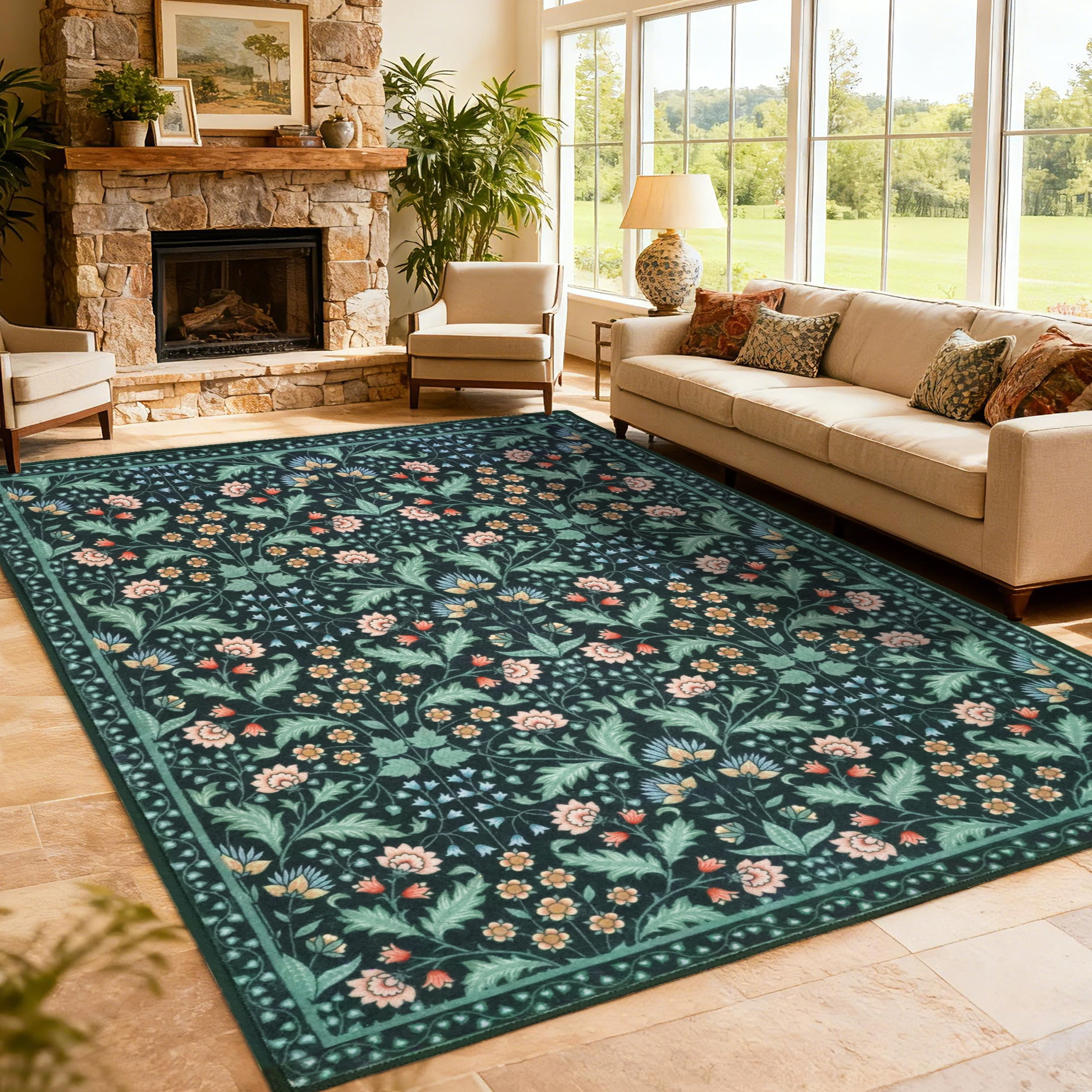 ARJINCUTE 9' x 12' Floral Area Rugs for Living Room, Washable Low Pile Non-Slip Vintage Large Floor Carpet for Bedroom Dinning Room, Black  Base