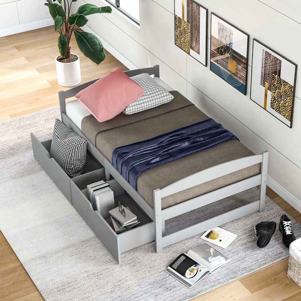 Modern Twin Size Platform Bed Frame with Two Long Drawers, Saving Space, MDF Bed Frame with Wooden Slat Support, for Living Room Bedroom, Gray - image 3 of 7