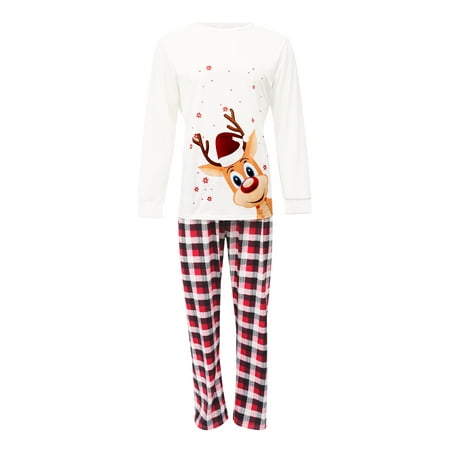 

Nituyy Christmas Parent-child Pajamas Set Reindeer T-shirt Plaid Jumpsuit Pants 2-piece Sizes Baby-Kids-Adult Unisex