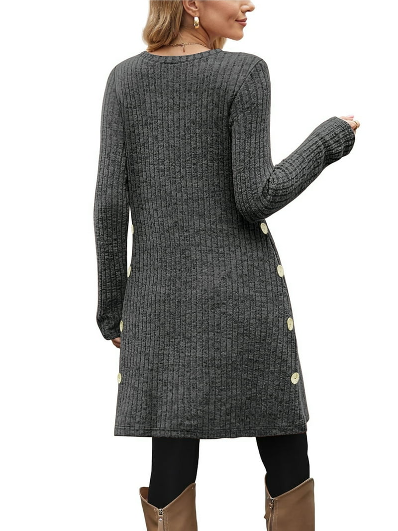 Fantaslook Long Sleeve Womens Dresses Crew Neck Buttons Tunic Sweater Dress with Pockets