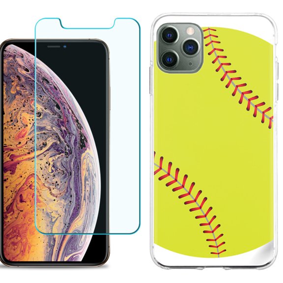 For Apple iPhone 11 Pro Max Phone Case , Slim-Fit TPU Case with Tempered Glass Screen Protector, by OneToughShield ® - Softball Green