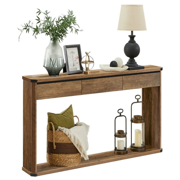 Console Table 47.2 Inches Sofa Table Narrow Entryway Table Entry Table with 3 Drawers Bottom Shelf Metal Corners Honey Brown