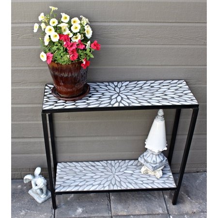 Pebble Mosaic Patio Designs 2 Tier Indoor/Outdoor Cement/Concrete Console Sofa Buffet Table with White Oval Mosaic Tiles ()