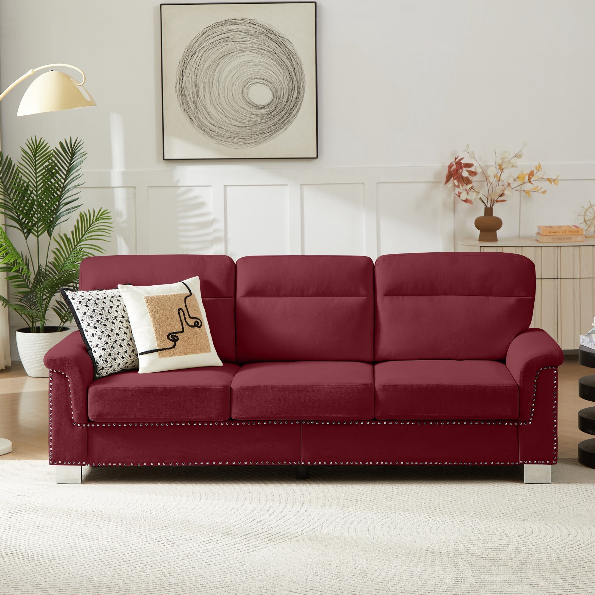 DEALTOPS 82" Modern Ice & Snow Velvet 3-Seater Sofa — Living Room Couch with Rolled Arms & Nailheads, Burgundy