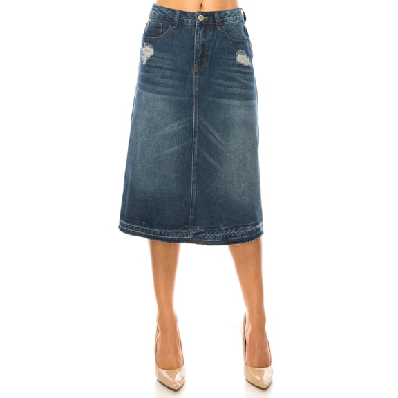 Be-Girl Women's Distressed Denim Midi Skirt, Medium Wash Blue, A-Line with Raw Hem, Knee Length - SG-79144