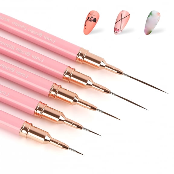 EXLEAF 5Pcs Metallic Pink Nail Art Liner Brushes, Fine Detail Drawing Tools for UV Gel Polish, Sizes 5/8/12/20/25mm