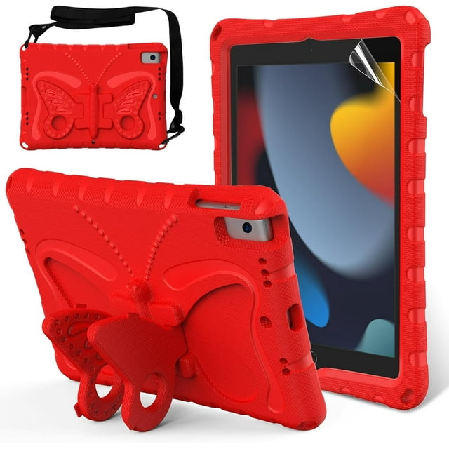 KOMI Kids Case for iPad 9th 8th 7th Gen/iPad Pro 10.5/iPad Air 3rd Gen - Screen Protector Included - Butterfly Kickstand - Child Friendly EVA Foam Shockproof Cover Case with Shoulder Strap, Red