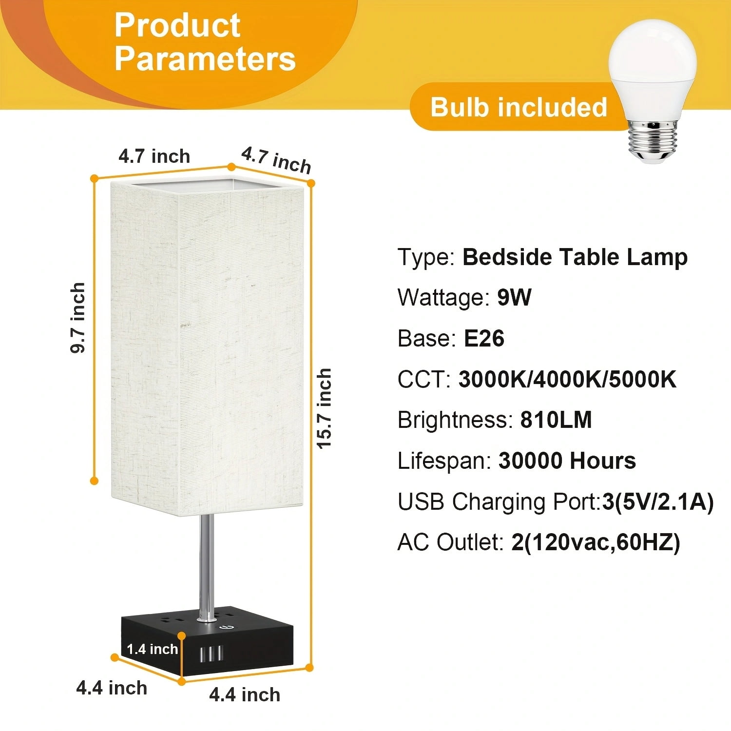 Hansang Bedside Table Lamps 2-Pack, Touch Control Nightstand Lamp with 3 USB Ports & 2 AC Outlets, Square Linen Shade, Warm White Light, E26 LED Bulb Included for Bedroom and Living Room