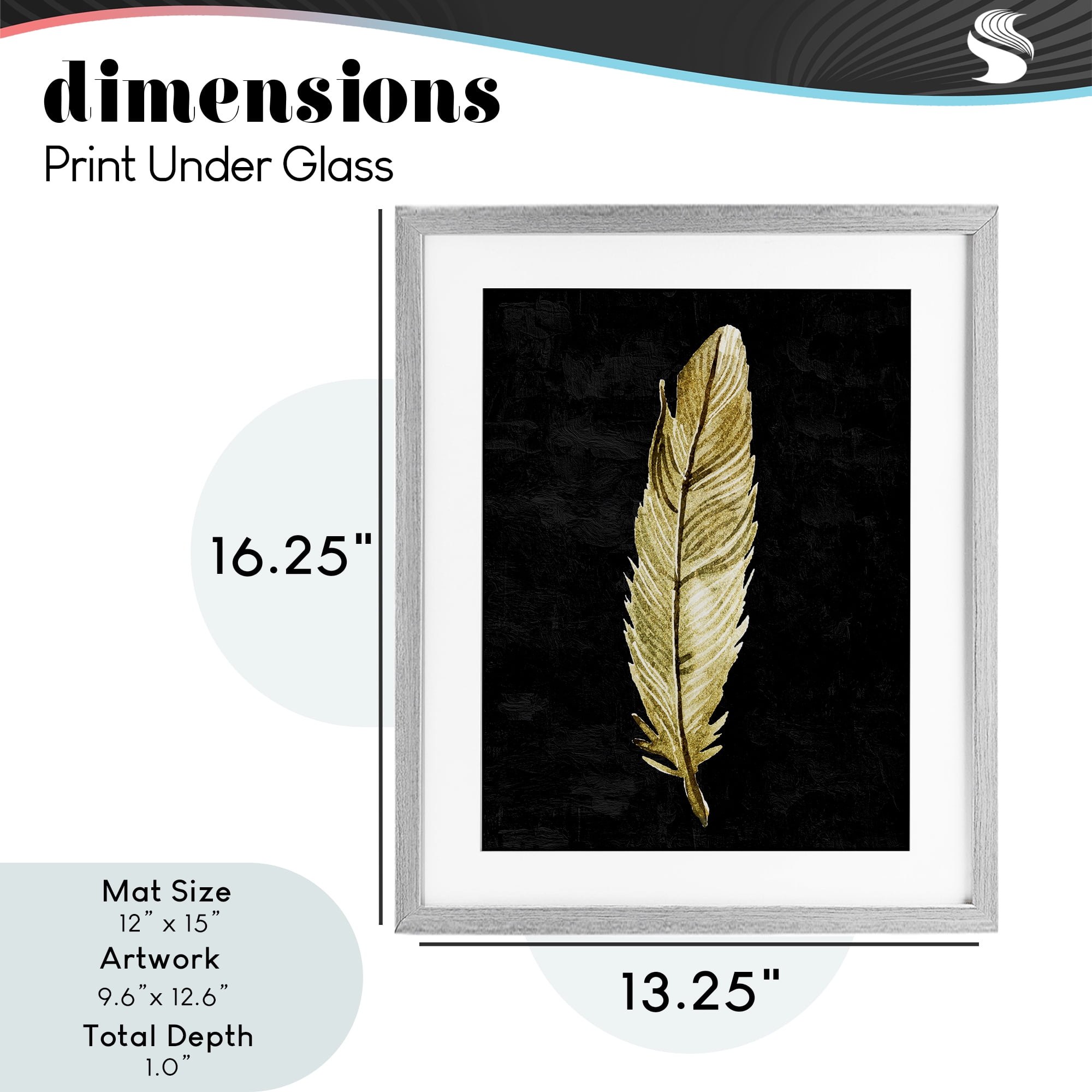 Curved Feather on Black Gray Framed Print Under Glass, design by Kim Allen