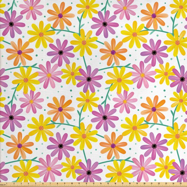 Garden Art Fabric by The Yard, Dotted Background with Colorful Gerbera Daisies Gardening Themed