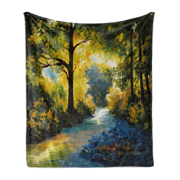 Nature Soft Flannel Fleece Blanket, Mother Nature Theme Oil Painting Style Forest Meadows and Trees Print, Cozy Plush for Indoor and Outdoor Use, 50" x 60", Avocado Green Fern Green, by Ambesonne