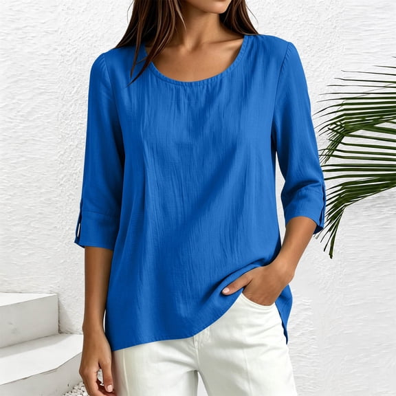 Ynynloco Women's 100%Cotton 3/4 Sleeve Blouse Crew Neck Button Down Casual Tops Loose Fit Basic Tees