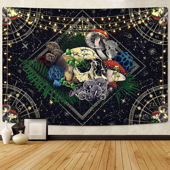 MTFun Skull Tapestry Colourful Mushroom Tapestry Black Starry Tapestry Trippy Tarot Tapestry Wall Hanging for Room,150*100cm ,