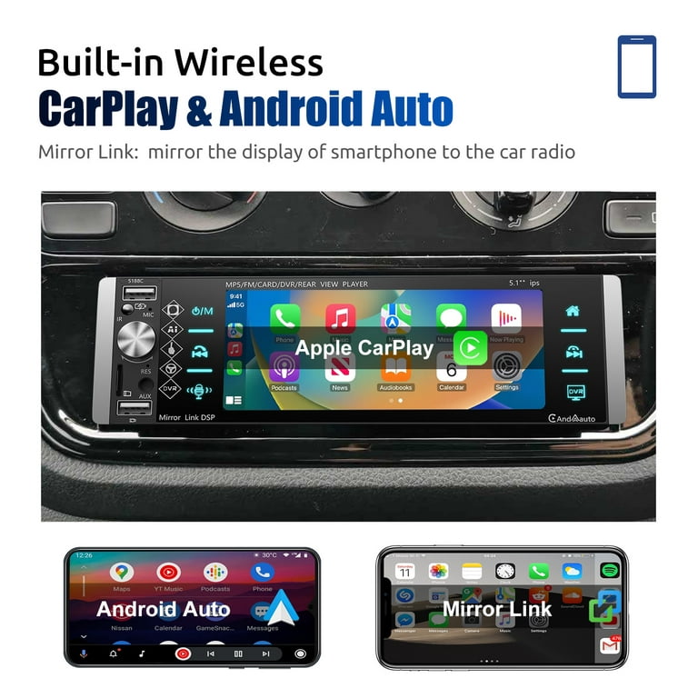ESSGOO Single Din 5.1" Car Stereo with Wireless Apple Carplay & Android Auto, 1120*480 Touchscreen Bluetooth 5.0 with Mirror Link, FM Radio, 3 USB, New