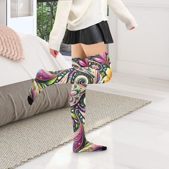 Colorful Paisley Flowers Leaves Womens Thigh High Stocks Over Knee High Socks Thigh Tigh Boot Stockings