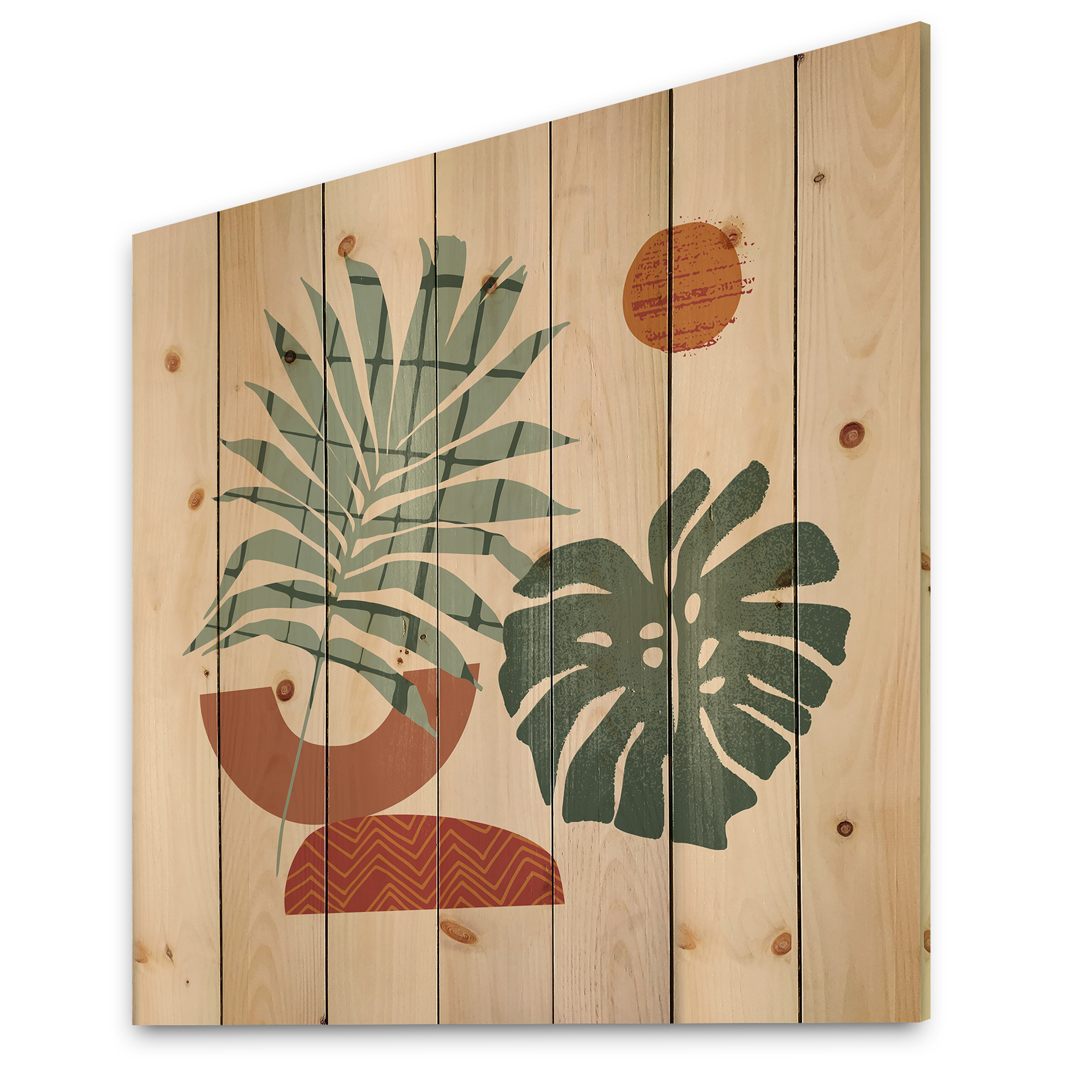 Designart 'Sun and Moon Shapes In Retro Green & Terracotta Tone' Modern Print on Natural Pine Wood